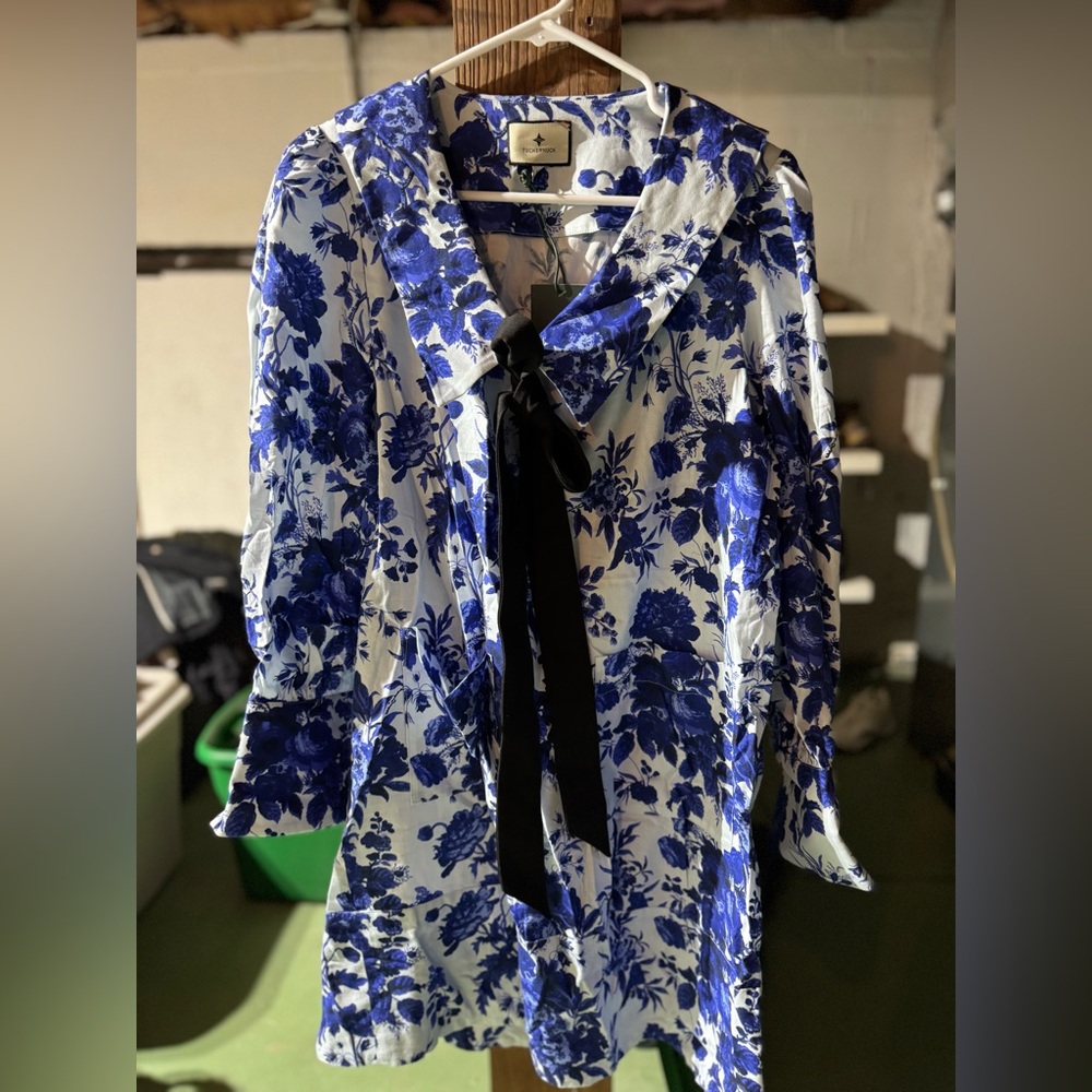 Tuckernuck Blue Floral Blouse with Black Bow